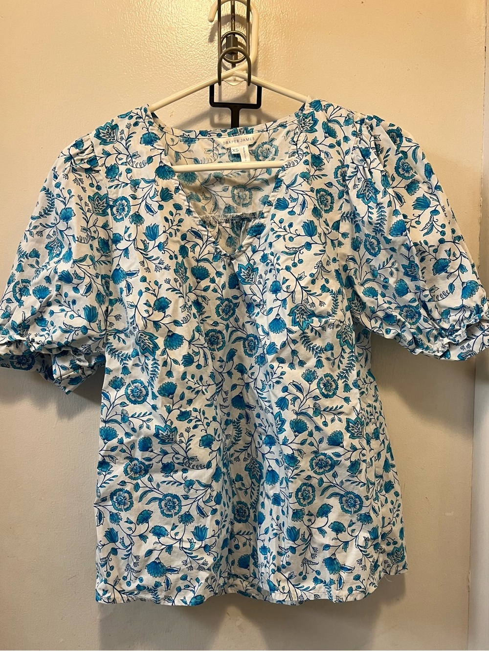 Draper James White Top with Blue Floral Print